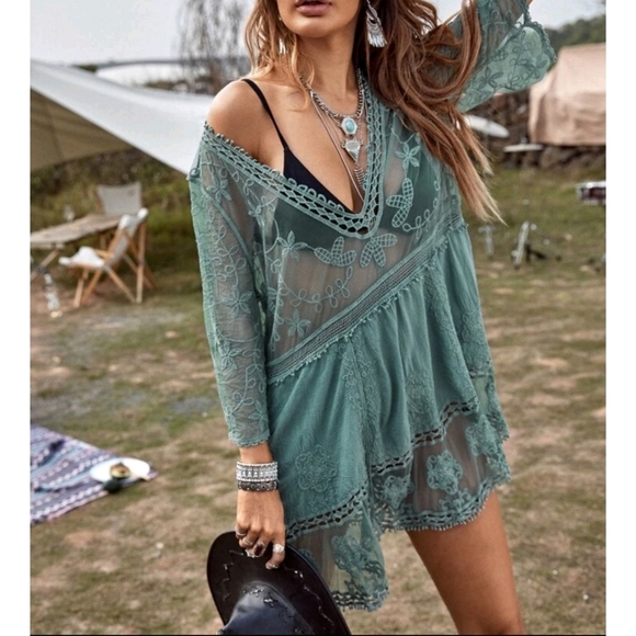 NEW Boho Embroidered Lace Cover Up Tunic Top Dress Sheer Mesh Floral Green - Picture 3 of 6